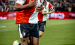 Feyenoord Rotterdam midfielder Quinten Timber scores the 1-0 and celebrates the goal durin...