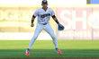 Somerset Patriots shortstop George Lombard Jr. #2 gets set during the first inning of a ba...