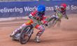 Ollie Binns (91) in Blue leads Archie Rolph (3) in Red during the British Youth Speedway C...