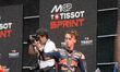 Pedro Acosta of Red Bull KTM Factory Racing stands on the winners' podium during the Sprin...