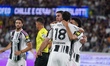 Dusan Vlahovic celebrates the goal with his teammates during the Atalanta BC vs Juventus F...
