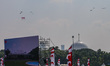 Indonesian Armed Forces helicopters unfurl the Indonesian flag during Indonesia's 80th Ind...