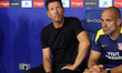 Diego Simeone coaches during the match between RCD Espanyol and Club Atletico de Madrid, c...