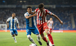 Matteo Ruggeri of Atletico de Madrid plays in front of Omar El Hilali of RCD Espanyol duri...