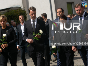 Minister-President Hendrik Wust, Solingen Mayor Tim Kurzbach, Mona Neubaur, Deputy Prime Minister of NRW, Herbert Reul, Minister of the Inte... by Ying Tang/NurPhoto
