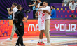 Head coach Igor Milicic and Jordan Loyd celebrate victory in the FIBA EuroBasket match bet...
