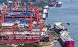 An aerial view shows a production scene at a shipyard in Yangzhou City, Jiangsu Province,...