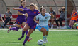 Sarah Stratigakis #16 of AFC Toronto is pressured by Grace Stordy #2 of Calgary Wild FC as...