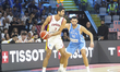 Santi Aldama of Spain tries to attack in front of Kostas Papanikolaou of Greece. Spain pla...