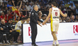 Spain head coach Sergio Scariolo speaks to Dario Brizuela of Spain. Spain plays against Gr...