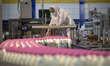 An Iranian female laborer checks the bottles of milk as she works on the dairy production...