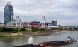A barge moves down the Ohio River in Cincinnati, Ohio, on September 6, 2025. 