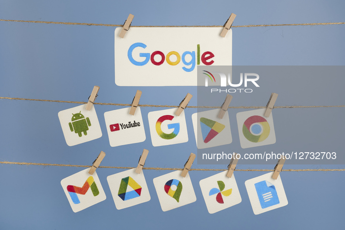 Google Apps And Services Logos Displayed On Hanging Cards