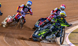 Adam Ellis of Ipswich Witches in white leads Tate Zischke of Belle Vue Aces in red and Jak...