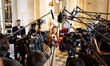 Olivia Gregoire, MP deputy of the Ensemble pour la Republique group, speaks to journalists...
