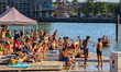 Locals enjoy an early evening at Zwembad Rijnhaven in Rotterdam, Netherlands, on September...