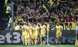 B. Dortmund forward Karim Adeyemi (27) celebrates after scoring his goal to make it 0-1 du...