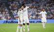 Dani Carvajal of Real Madrid and Aurelien Tchouameni of Real Madrid talk during the UEFA C...