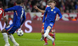 In Munich, Germany, on September 17, 2025, Cole Palmer of Chelsea FC scores a goal during...