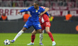 Joao Pedro of Chelsea FC competes for the ball with Minjae Kim of FC Bayern Munchen during...