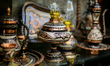 Traditional handmade copper and brass items are displayed at a local market in Gaziantep,...