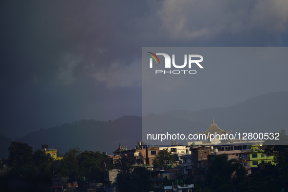 A rainbow is seen beside a Buddhist monastery in Kirtipur, Kathmandu, Nepal, on September 27, 2025. 