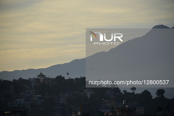 A rainbow is seen beside a Buddhist monastery in Kirtipur, Kathmandu, Nepal, on September 27, 2025. 