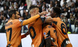 Atalanta forward Kamaldeen Sulemana celebrates after scoring his goal to make it 0-1 durin...