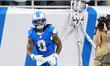 DETROIT,MICHIGAN-SEPTEMBER 14: Detroit Lions running back Jahmyr Gibbs (0) celebrates in t...