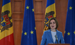 CHISINAU, MOLDOVA - SEPTEMBER 29: Moldovan President Maia Sandu addresses the media insid...
