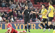 Referee David Webb gives a free kick for a foul on Tommy Conway of Middlesbrough during th...