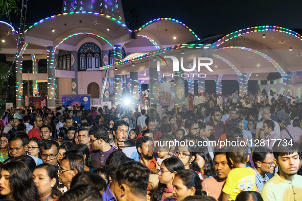 Hindu devotees gather at a temple during the Durga Puja festival in Dhaka, Bangladesh, on October 1, 2025. 