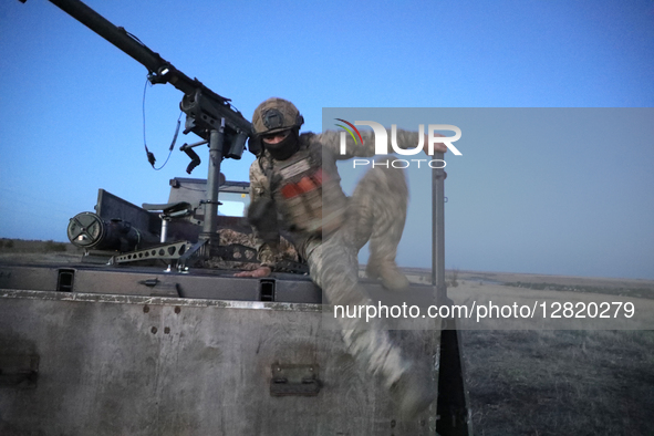 A soldier of the 39th Separate Coastal Defense Brigade carries out a combat mission with the French short-range ''Mistral'' air defense syst...