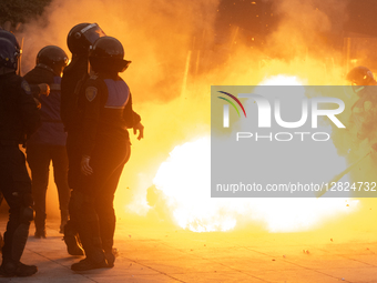 Riot police attend a protest commemorating the 57th anniversary of the 1968 Student Massacre at the Plaza de las Tres Culturas in Tlatelolco... by Eyepix/NurPhoto