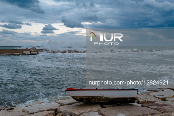 Wind and storm surge occur on Cala Sant'Andrea, in Molfetta, Italy, on October 3, 2025. Apulia suddenly plunges into winter. Just over 10 da...