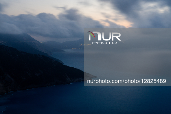 A view of the Ionian Sea and the coastline of Kefalonia, Greece, at dusk on September 5, 2025. 