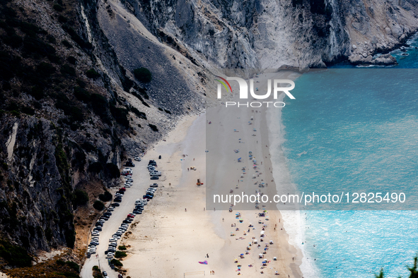 A general view of Myrtos Beach and its surrounding cliffs on September 6, 2025 in Kefalonia, Greece. 