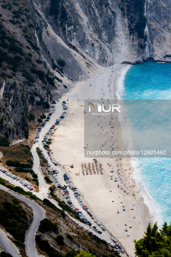 A general view of Myrtos Beach and its surrounding cliffs on September 6, 2025 in Kefalonia, Greece. 
