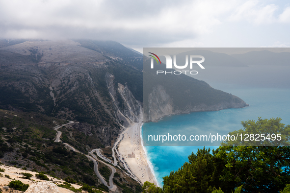 A general view of Myrtos Beach and its surrounding cliffs on September 6, 2025 in Kefalonia, Greece. 