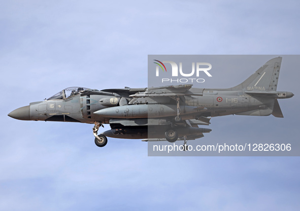 A McDonnell Douglas AV-8B Harrier II of the Italian Navy lands at Los Llanos military base during the Tactical Leadership Programme in Albac...