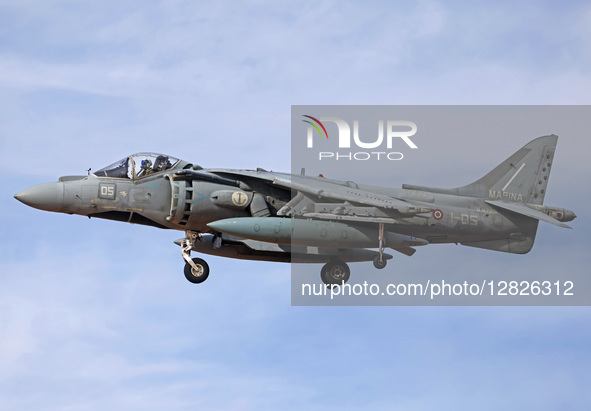 A McDonnell Douglas AV-8B Harrier II of the Italian Navy lands at Los Llanos military base during the Tactical Leadership Programme in Albac...