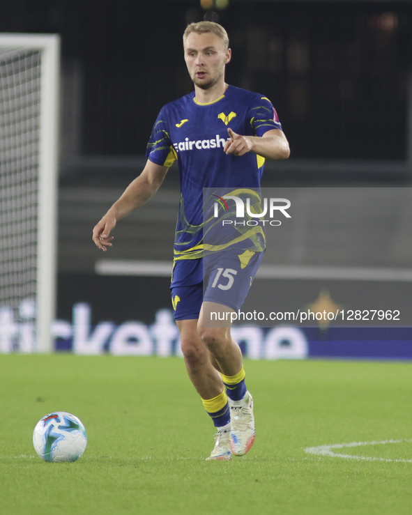 Victor Nelsson of Hellas Verona FC plays the ball during the Hellas Verona FC vs US Sassuolo, 6th Serie A Enilive 2025-26 game at Marcantoni... by Davide Casentini/NurPhoto