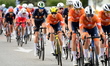 The peloton participates in the women's elite road race at the 2025 UEC European Road Cham...