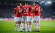 Wisla players celebrate scoring a goal during the game between Wisla Krakow and Ruch Chorz...