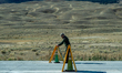 A park ranger is seen at the north entrance of Yellowstone National Park in Yellowstone Na...