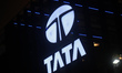 The Tata logo is visible at the India Mobile Congress 2025 in Delhi, India, on October 11,...