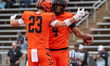 Landon DePrima and Jackson Green celebrate a touchdown during a game at Princeton Stadium....
