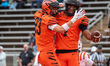 Landon DePrima and Jackson Green celebrate a touchdown during a game at Princeton Stadium....