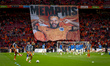 A banner for Netherlands forward Memphis Depay is displayed during the match between the N...