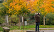 A man stands on a bench taking photos of colorful autumn trees in Fulda, Germany, on Octob...